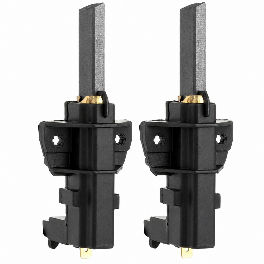 Two black metal tools with gold contacts on a white background