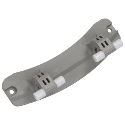 Gray plastic bracket with white screws on a white background