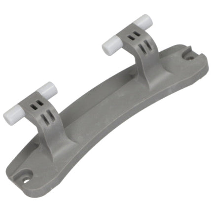 Gray plastic bracket with white screws on a white background