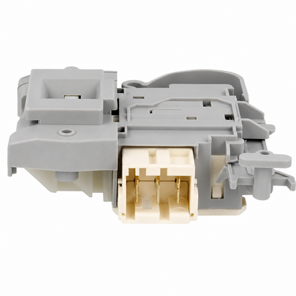 Grey washing machine door lock assembly with cream connector terminals on a white background