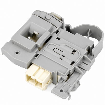 Angled view of washing machine door lock switch with grey plastic body and cream connector on a white background