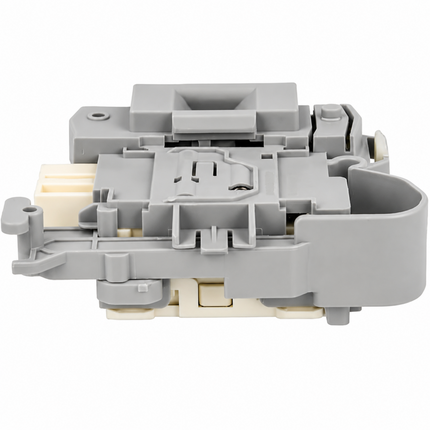 Close-up of grey appliance door interlock component with plastic housing and connector slots