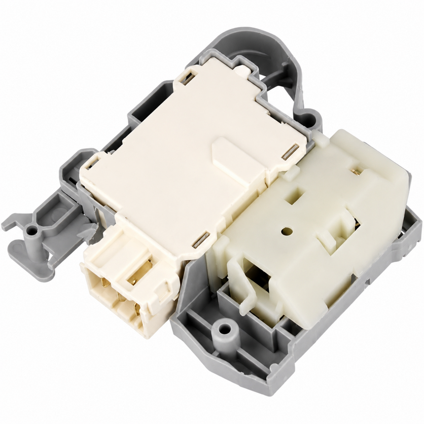 Washing machine door lock mechanism viewed from the back with grey housing and cream electrical connector