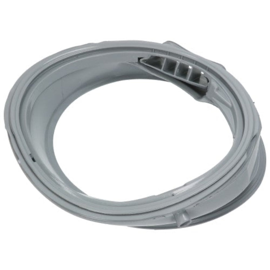 A gray plastic replacement washer door seal gasket, shown on a clean white background.