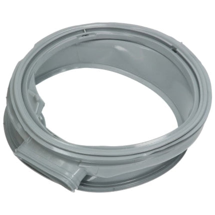Gray plastic replacement washer door seal ring on a white background.