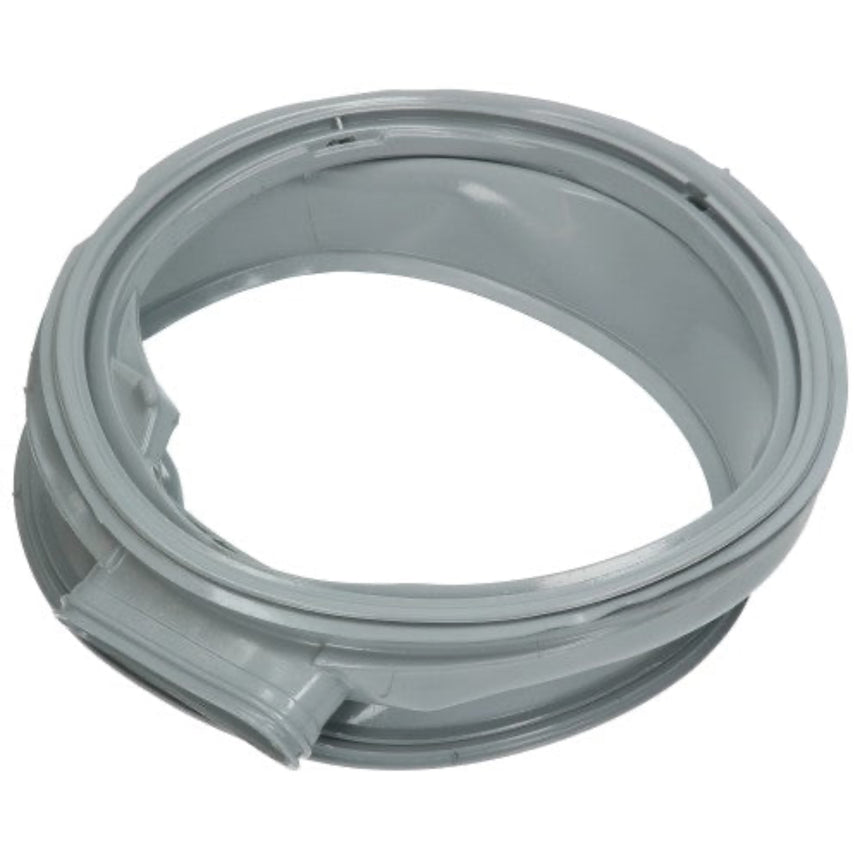 Gray plastic replacement washer door seal ring on a white background.