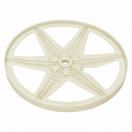 An off-white plastic wheel or spool-like component with a five-spoke design and textured center, isolated on a white background.
