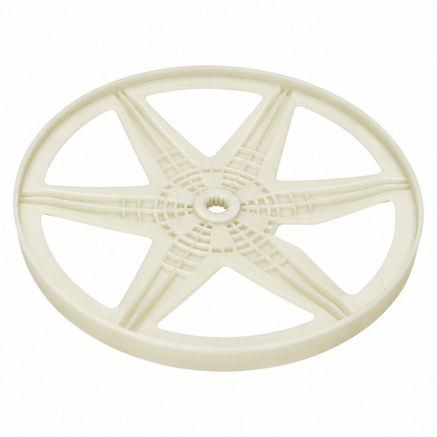 An off-white plastic wheel or spool-like component with a five-spoke design and textured center, isolated on a white background.