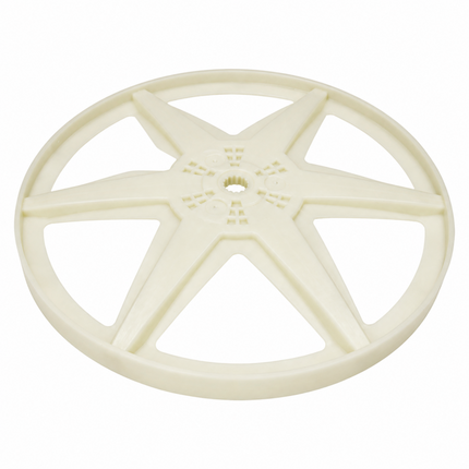 An off-white plastic six-spoke wheel or reel spool, isolated on a solid white background.