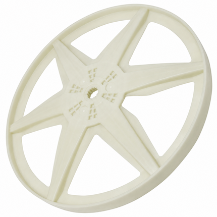 An off-white plastic five-spoke wheel or hub with a central hole, shown on a solid white background.