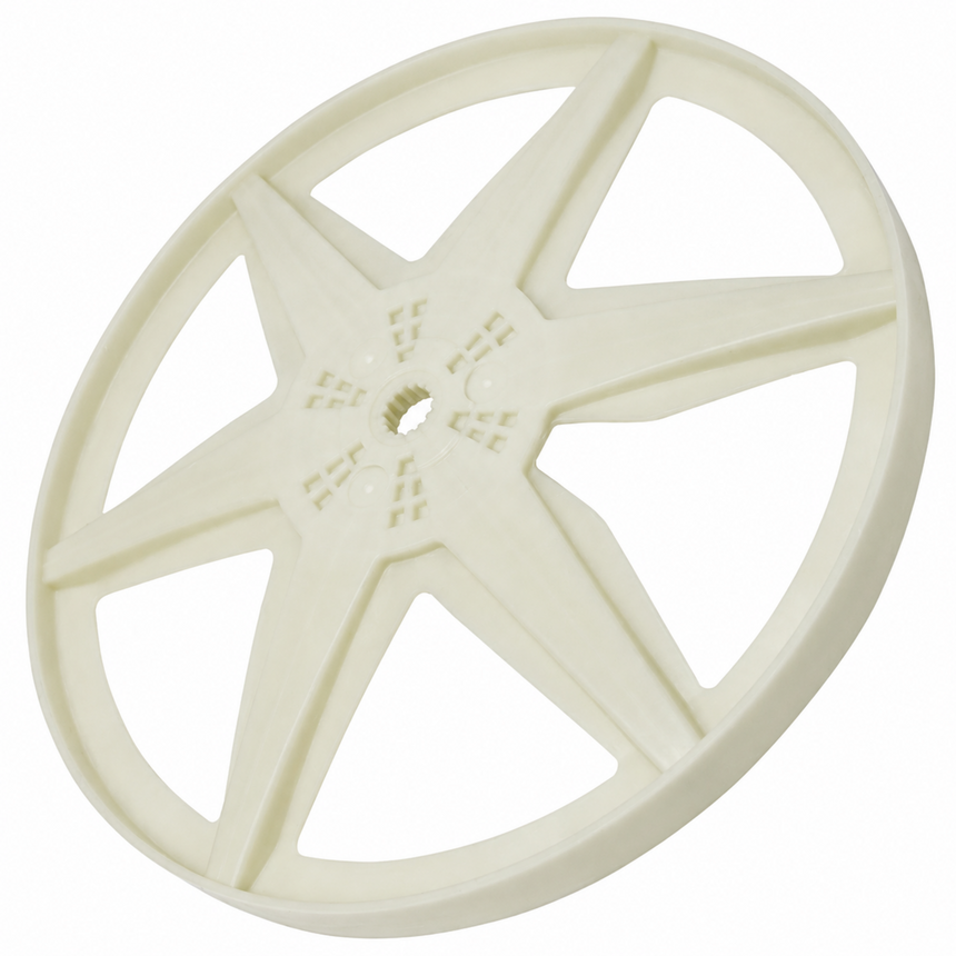 An off-white plastic five-spoke wheel or hub with a central hole, shown on a solid white background.