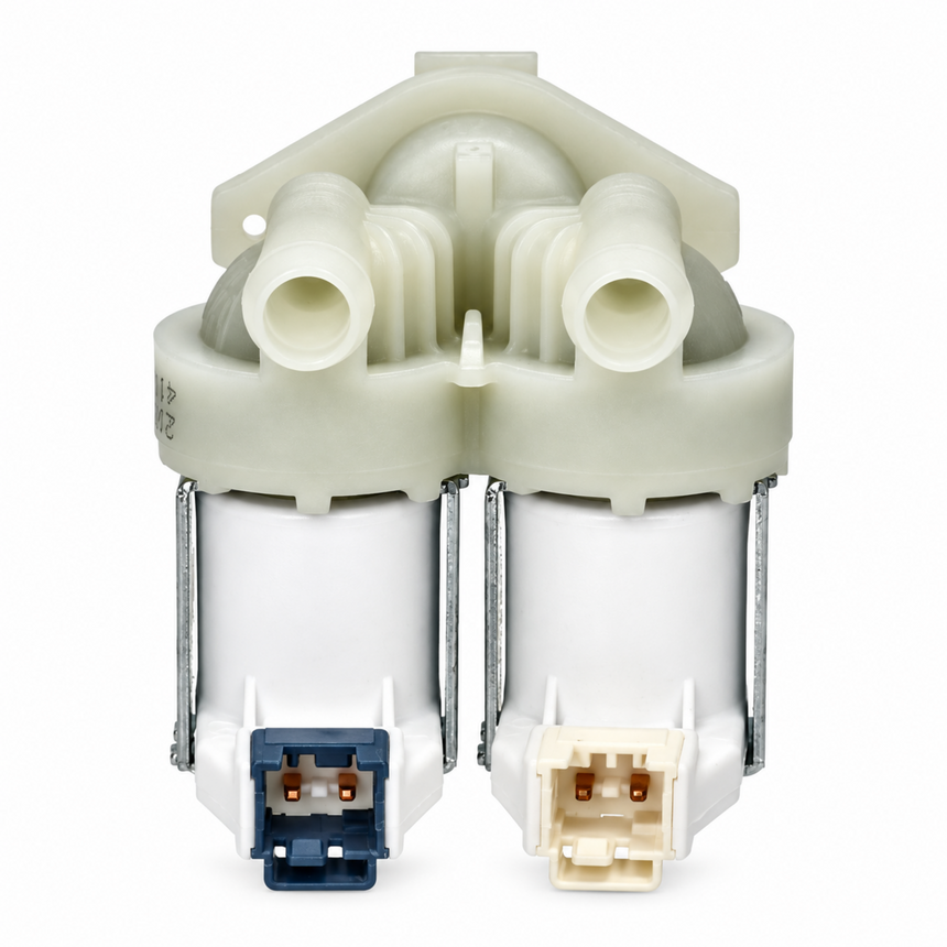 A plastic water dispenser or dispenser valve assembly with two cylindrical white chambers, metal support bars, and two electrical connectors at the bottom, one blue and one beige, on a white background.