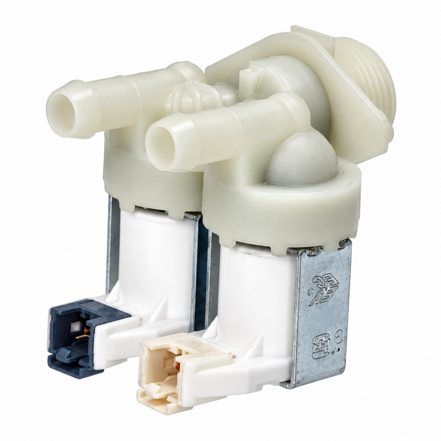 A plastic water pump assembly with a white and beige body, featuring two outlet ports, a metal bracket, and a blue connector plug, isolated on a white background.