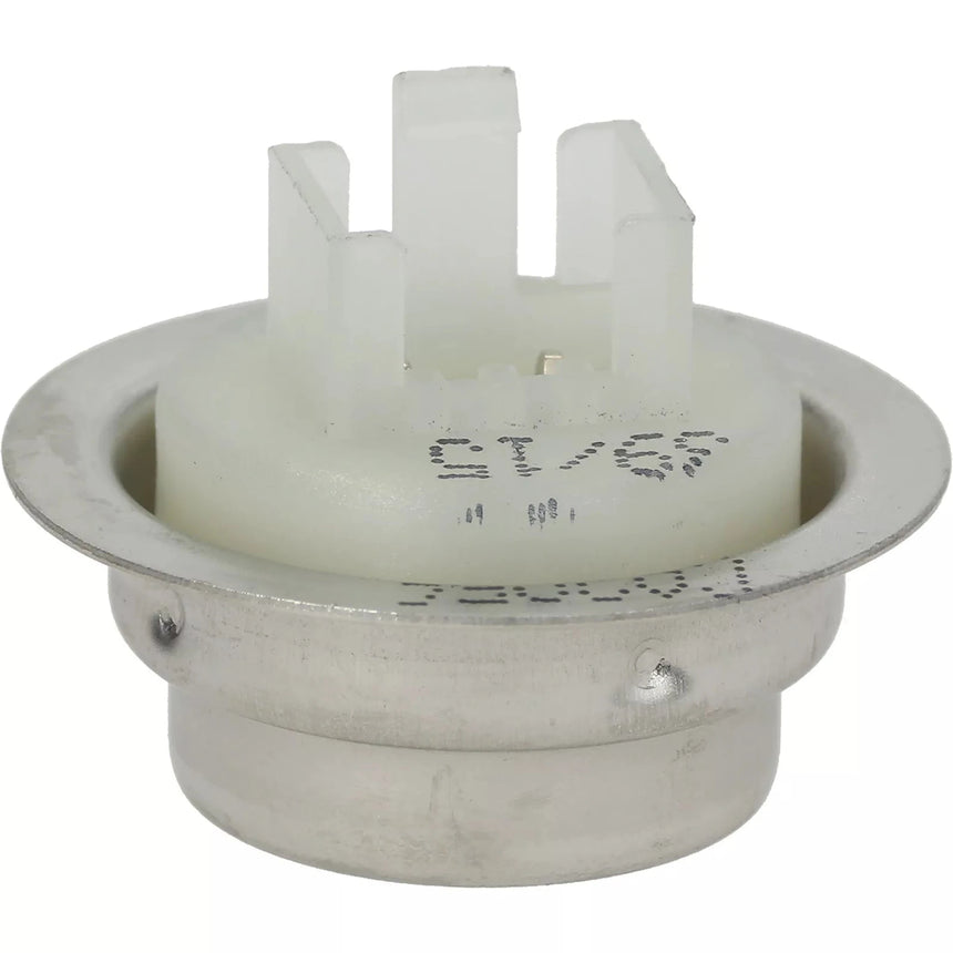 Plumbing drain trap with white plastic component on a white background
