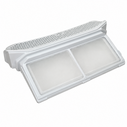 A white plastic dual-light refrigerator door light cover with two illuminated panels and a perforated top vent, shown on a plain white background.