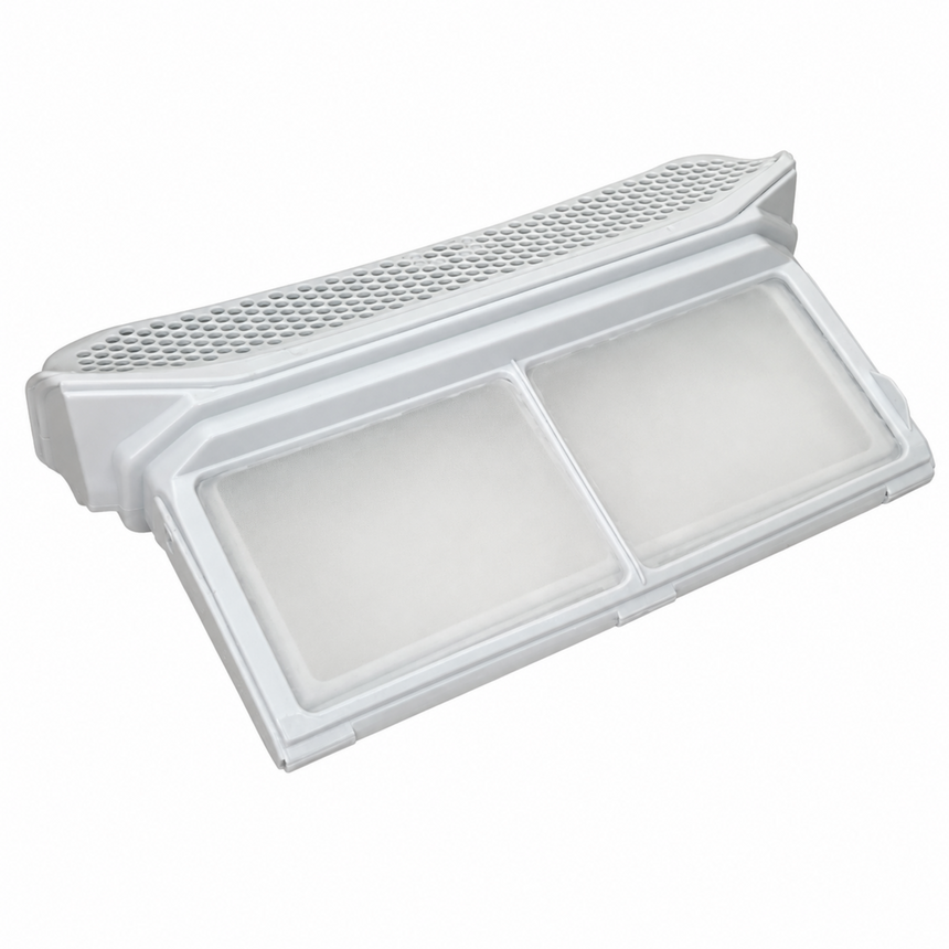 A white plastic dual-light refrigerator door light cover with two illuminated panels and a perforated top vent, shown on a plain white background.