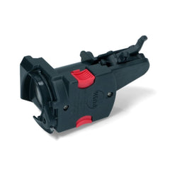 Black and red plastic component on a white background