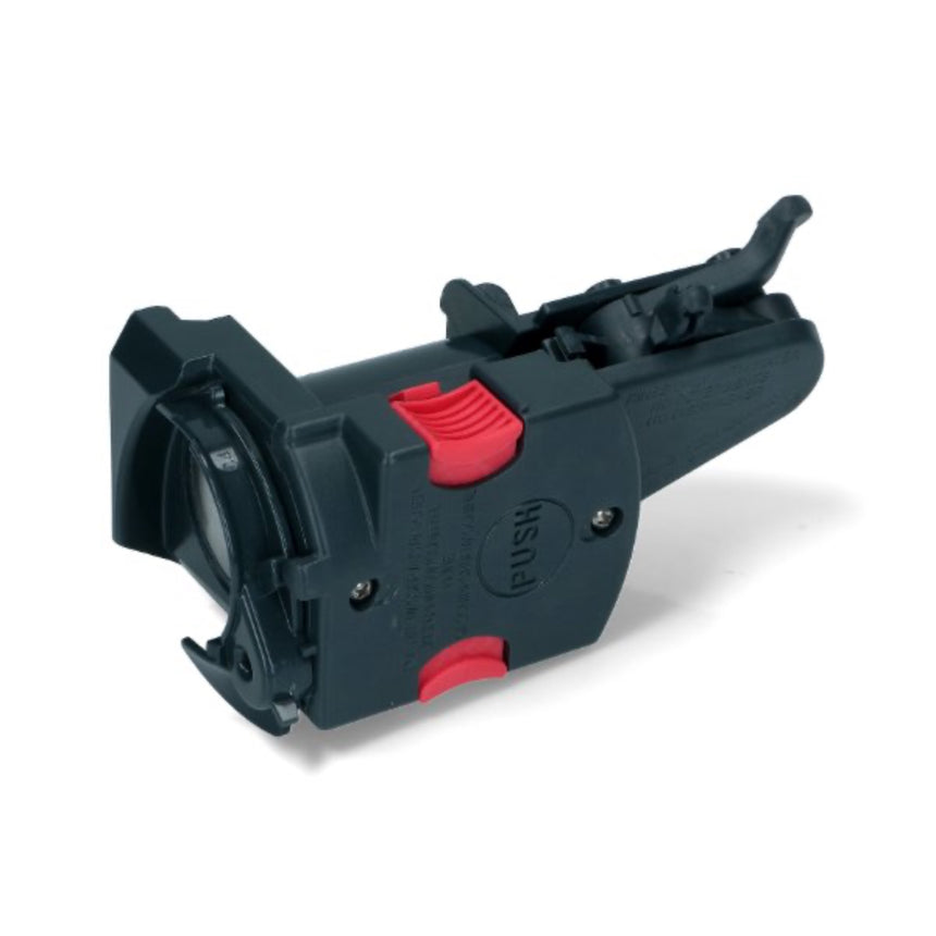Black and red plastic component on a white background