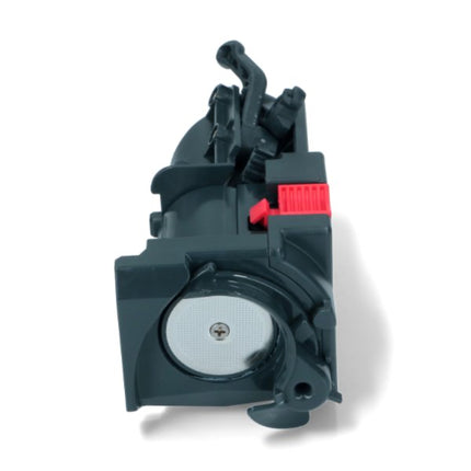 Black mechanical component with a red button on a white background