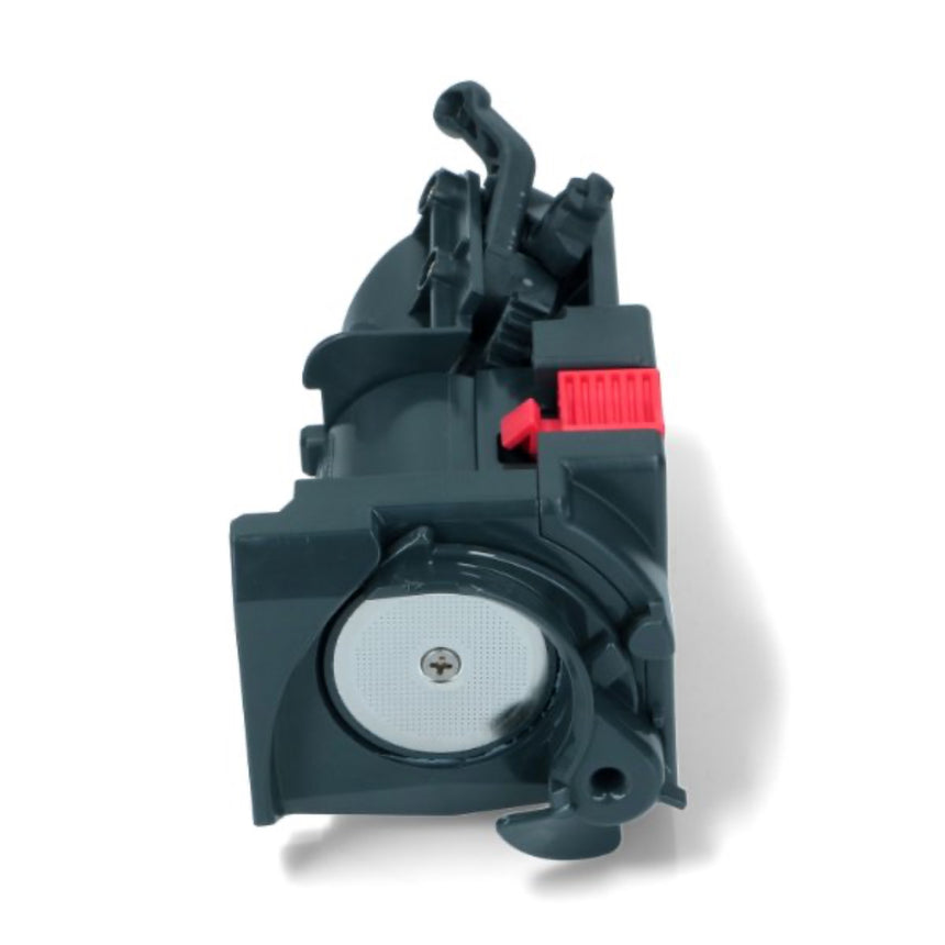 Black mechanical component with a red button on a white background