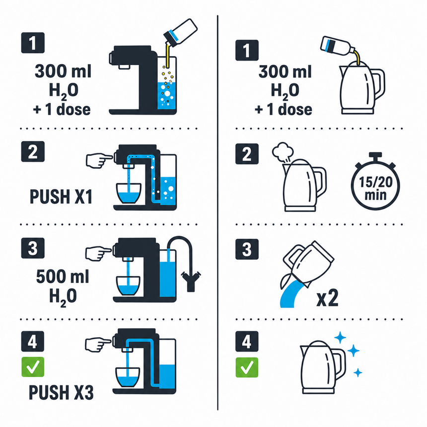 Step-by-step instructions for using a device with water and a dose, illustrated in black and blue on a white background.