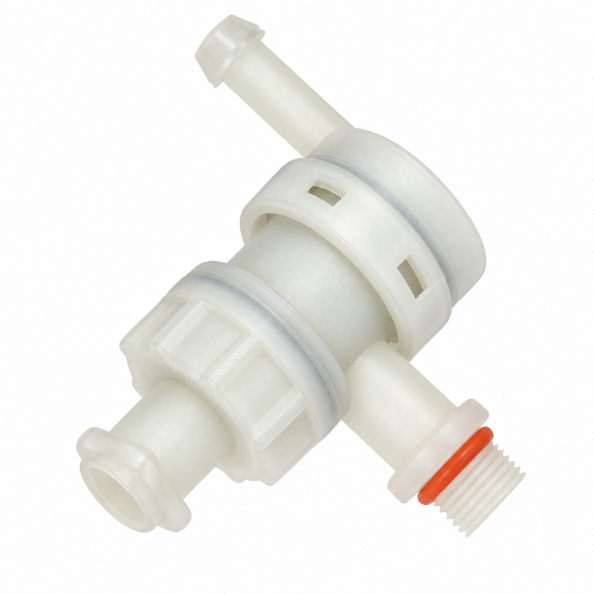 A white plastic inline valve or filter component with a small orange ring accent, shown on a plain white background.