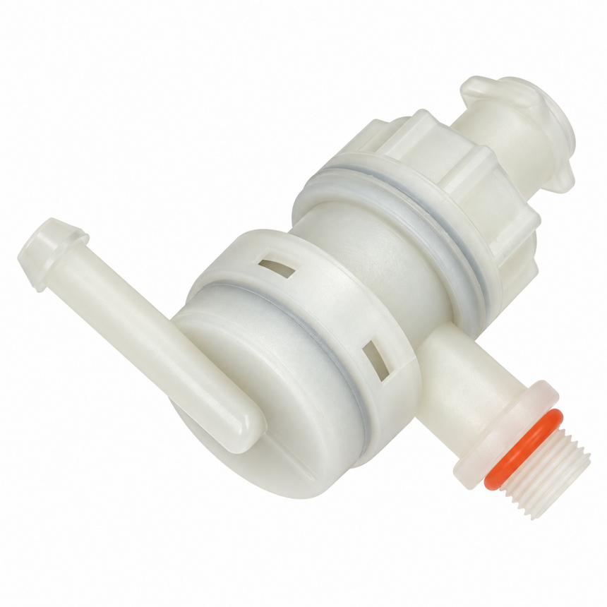 A white plastic inline pump or valve component with a short side tube, threaded outlet, and a small orange ring accent, isolated on a white background.