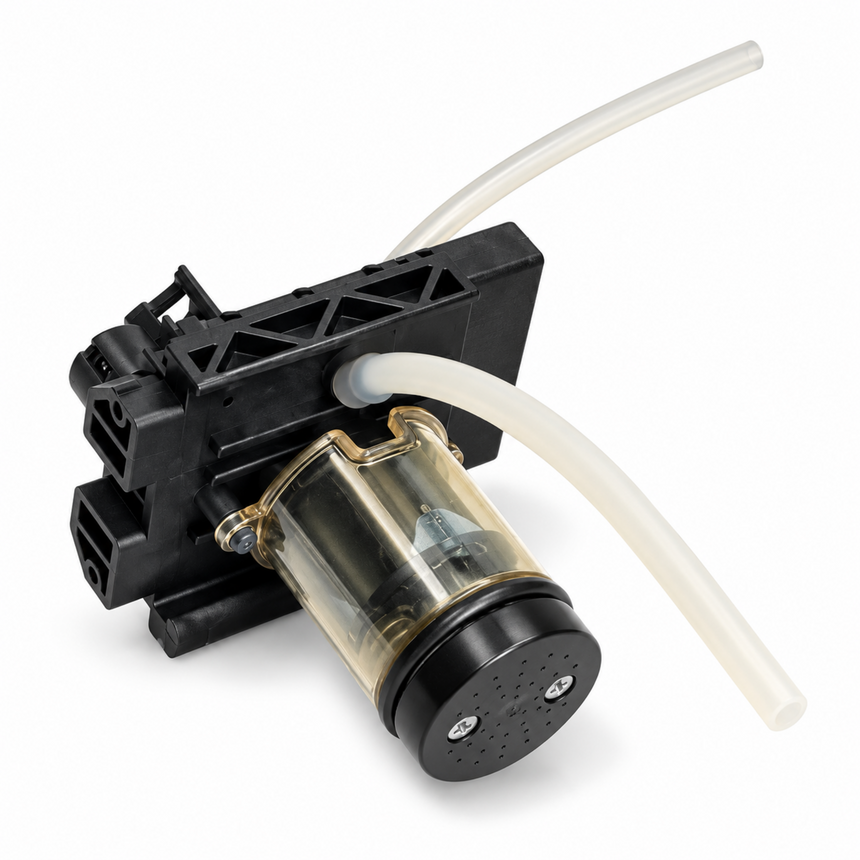 A black plastic pump module with a clear transparent chamber and two translucent white tubes, shown on a clean white background.