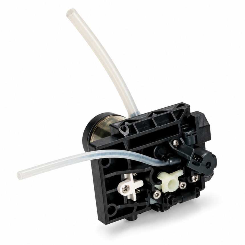A black plastic pump or filter component with two clear plastic tubes, shown on a clean white background.