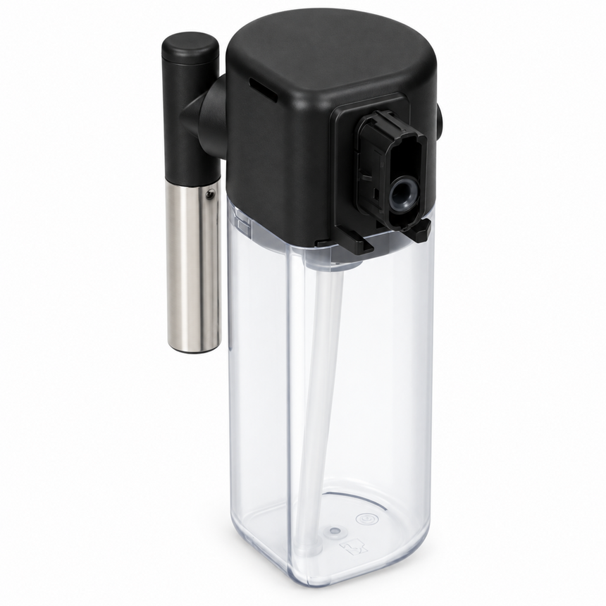 A modern automatic liquid dispenser with a clear plastic bottle, a black top housing the nozzle, and a separate stainless steel spray tube with a black cap, shown on a white background.