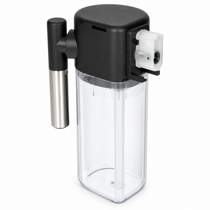 A countertop electric coffee maker with a clear water reservoir, black plastic top housing, and a stainless steel portafilter holder, shown on a white background.