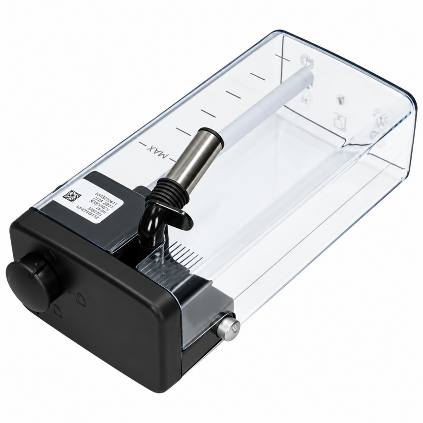 A clear plastic water reservoir tank with a black base and a metal pump tube, shown on a solid white background.
