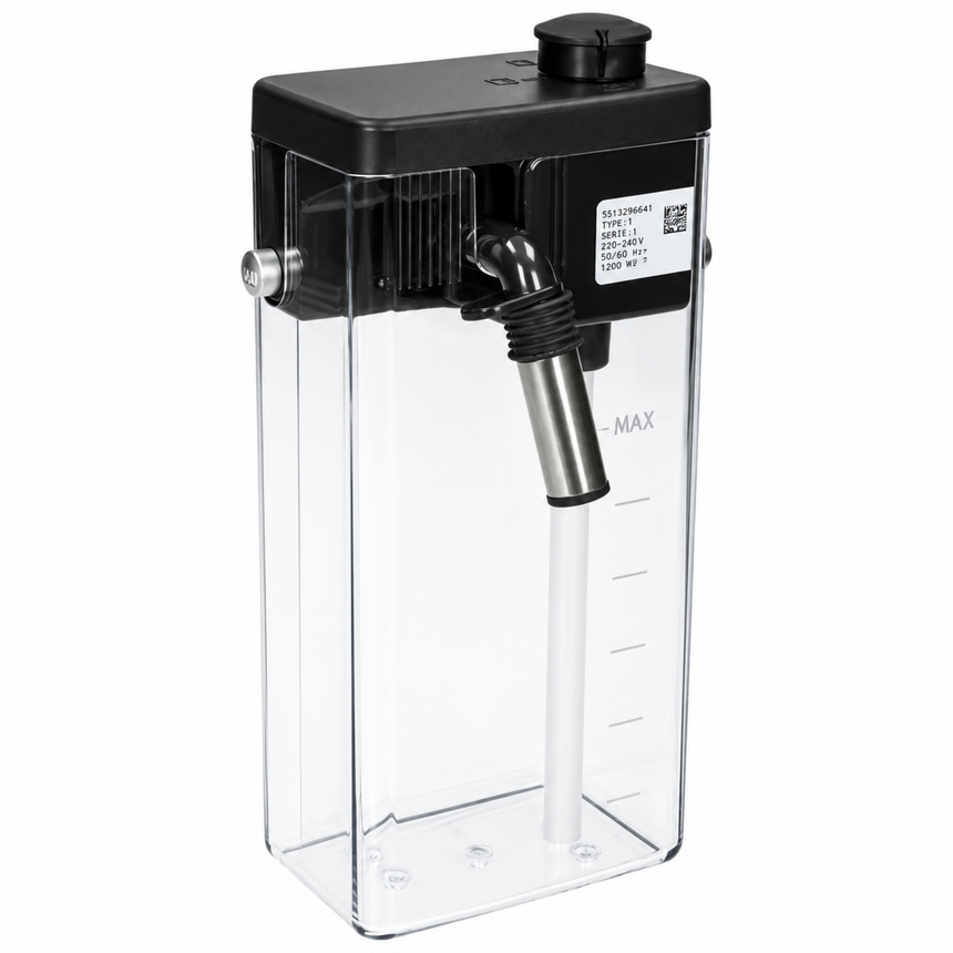 A clear plastic water reservoir tank with a black top cap and a black-and-silver drip tip, shown on a solid white background.