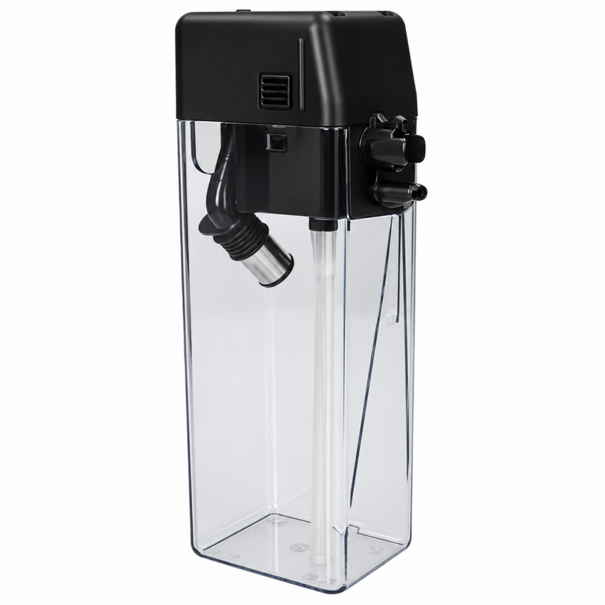 A clear rectangular plastic container with a black top cap and attached clear strainer tube, shown on a plain white background.