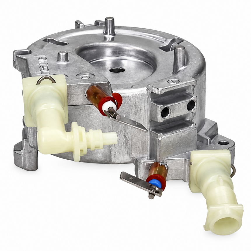 A metal appliance replacement part, likely a burner assembly or pump housing, featuring a silver aluminum body with cream-colored plastic connectors and small red and blue internal components.