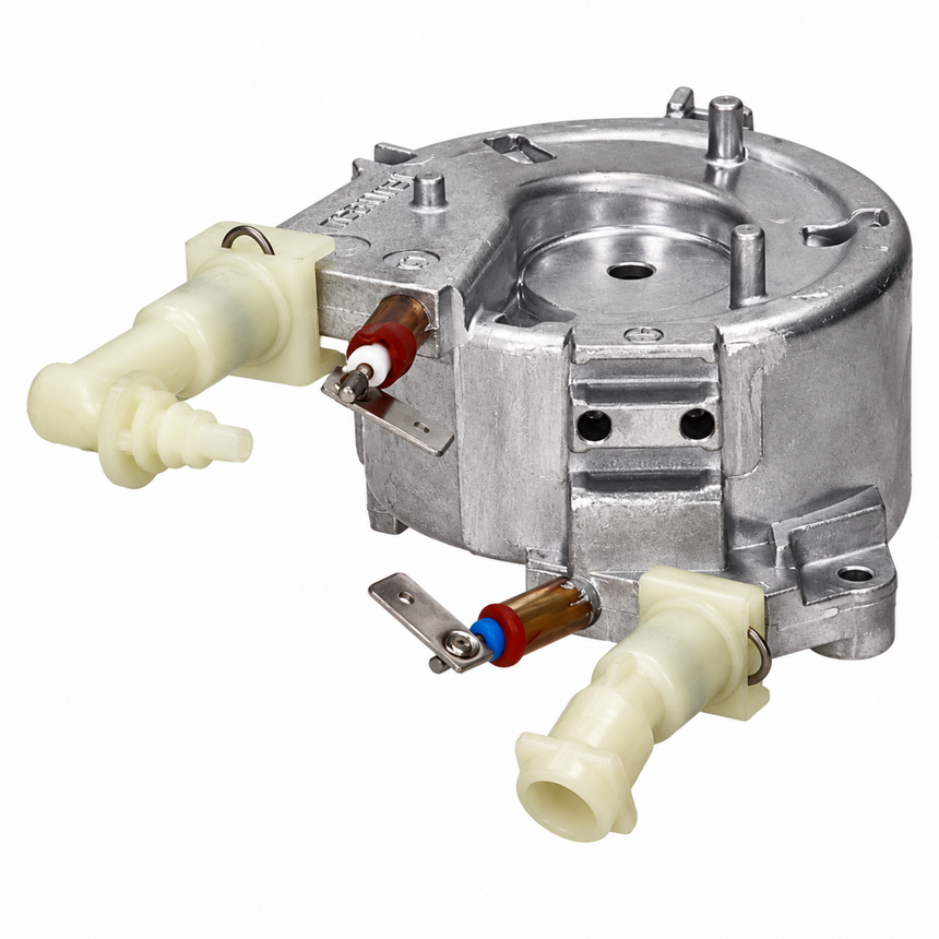 A metal fuel pump assembly with a silver aluminum body and cream-colored plastic connectors, shown on a plain white background.