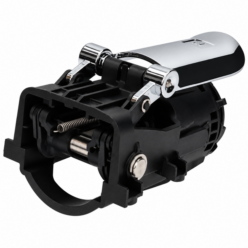 A bicycle handlebar clamp adapter with a black plastic body and a polished chrome lever, shown on a solid white background.