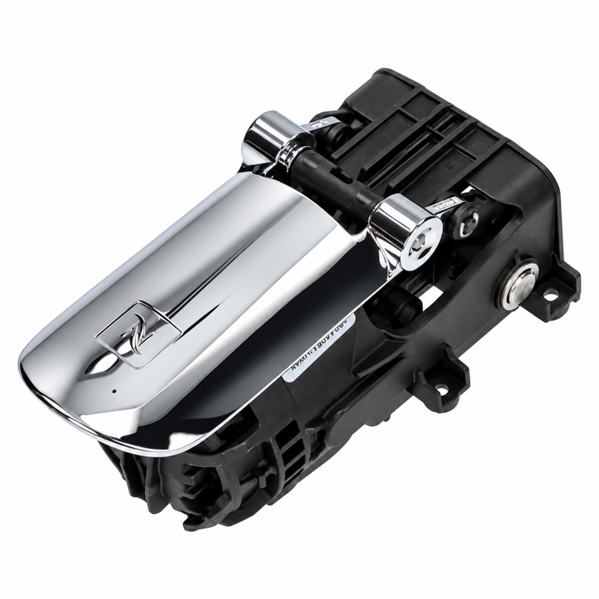 A chrome-finished door handle cover with a black plastic housing, photographed on a clean white background.