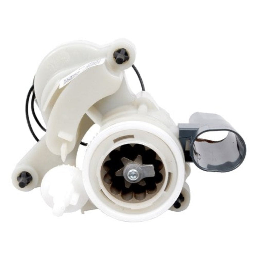 White plastic replacement water pump motor with a black wiring harness and a dark gray metal bracket, shown on a solid white background.