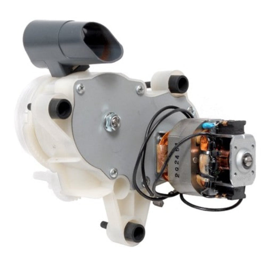 A replacement water pump motor assembly with a white plastic housing, gray metal plate, black intake pipe, and copper-coated motor winding, shown on a white background.