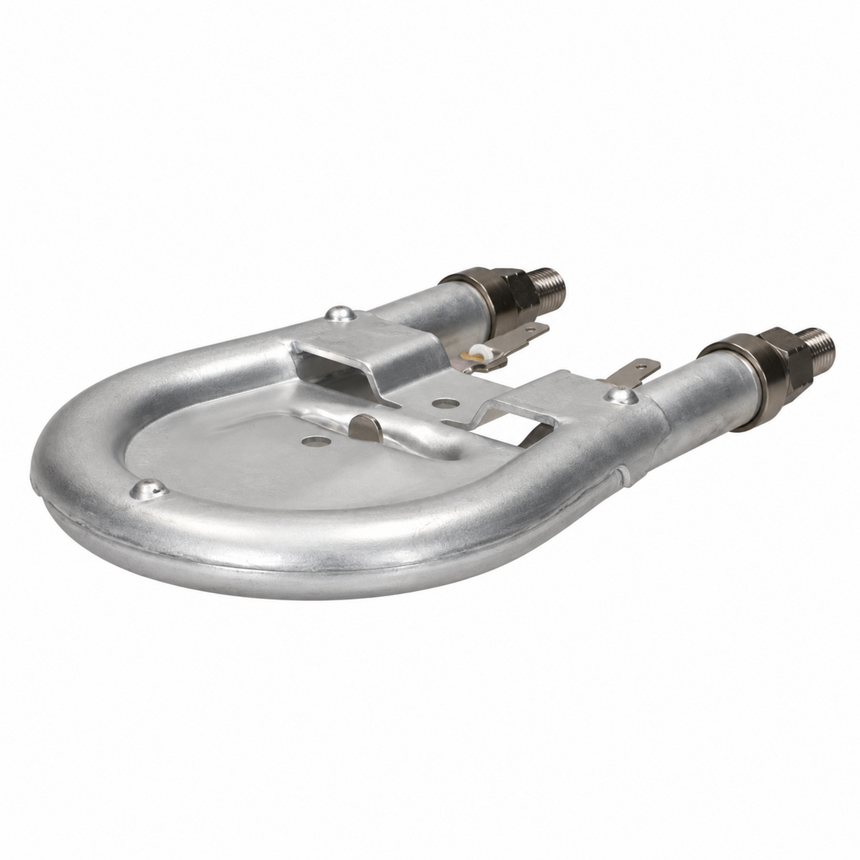 A silver metallic U-shaped component with threaded metal connectors on both ends, photographed on a plain white background.