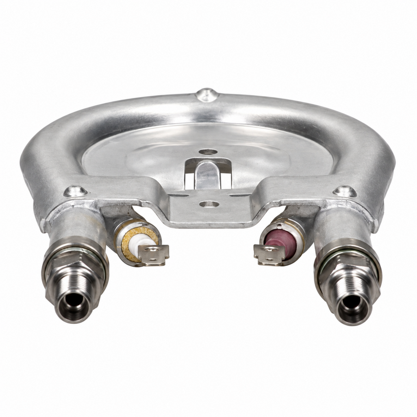 A metallic automotive part, likely a fuel pump module or similar mechanical assembly, featuring a silver anodized aluminum body with two threaded connector ports on the bottom, photographed on a solid white background.