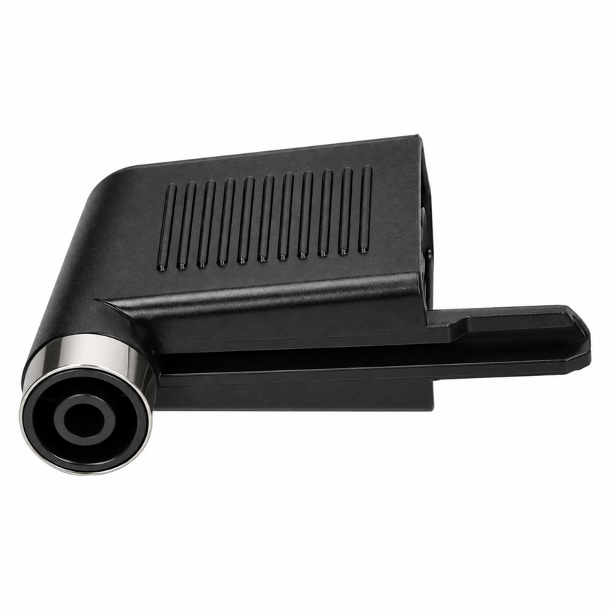A black plastic angled adapter with a ribbed top surface and a circular silver metal connector on one end, shown against a plain white background.