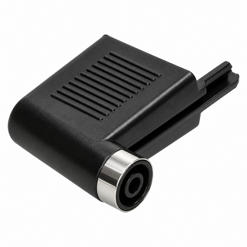 A black plastic adapter with a silver metal circular connector, shown on a plain white background.
