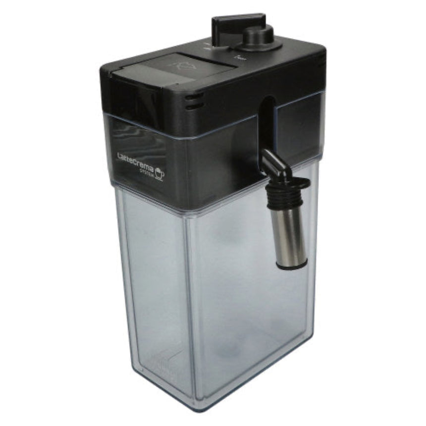 A portable water filter canister with a black top housing the pump and valve, and a clear plastic reservoir below, shown on a white background.