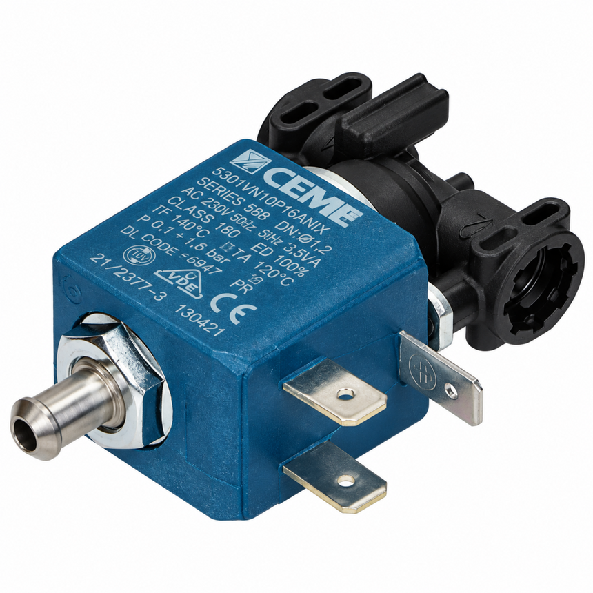 A blue and black CEMR industrial solenoid valve with metal terminals and a silver connector, shown on a white background.