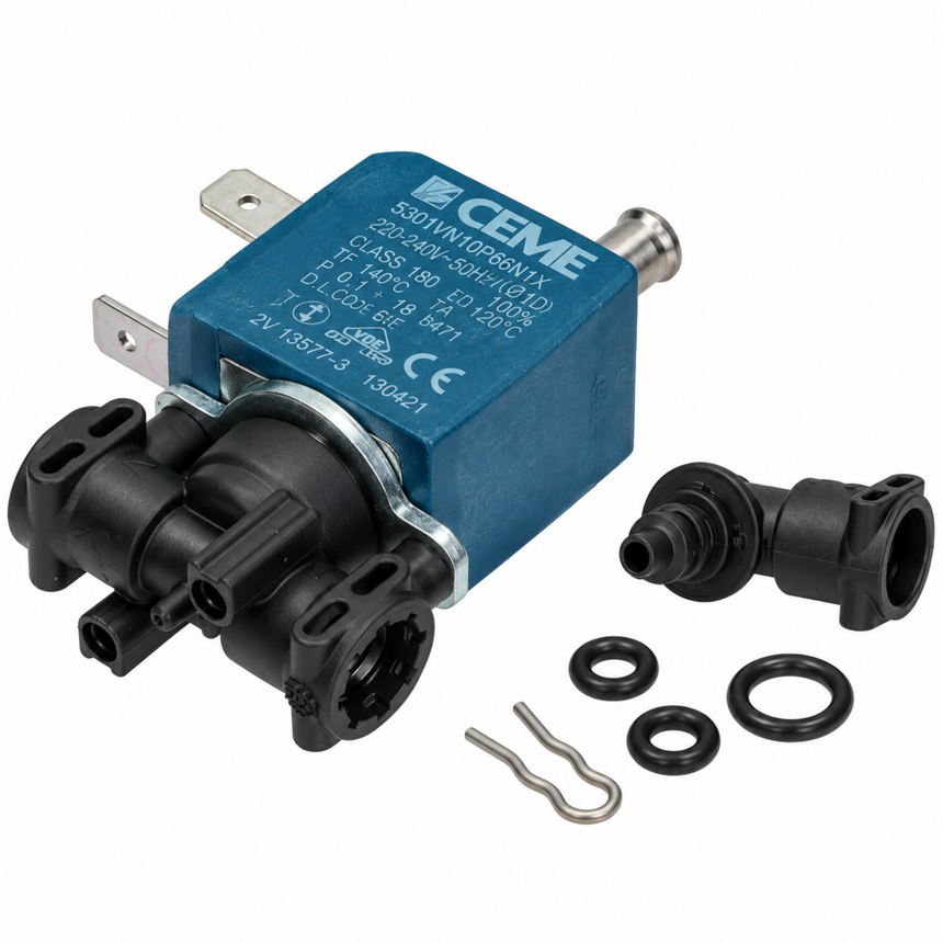 A CEME SSB301 vacuum switch module with a blue metal body, black plastic connectors, and several small black O-rings and metal spring clips on a white background.