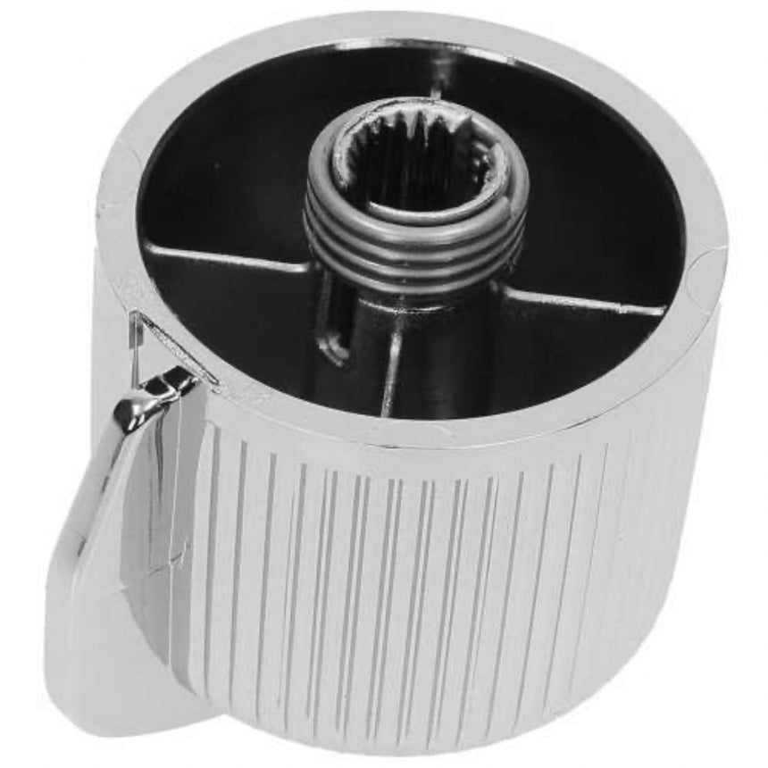 A polished chrome metal faucet shutoff handle with a ribbed cylindrical body and a side lever, shown on a plain white background.