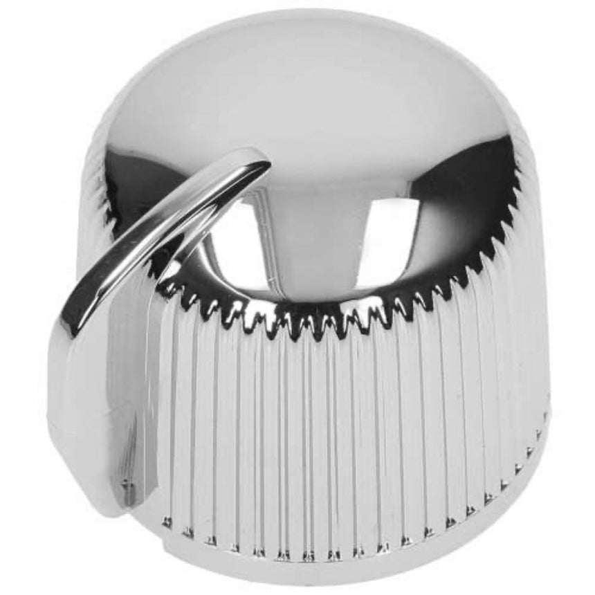 A polished chrome metal knob with a ribbed lower section and a curved handle, shown on a plain white background.