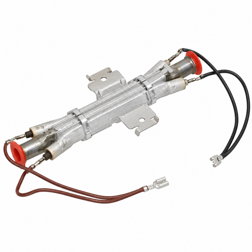 A cylindrical metal water heater element or thermal heating rod with mounting brackets, red end caps, and attached wires in black, brown, and silver, shown on a plain white background.